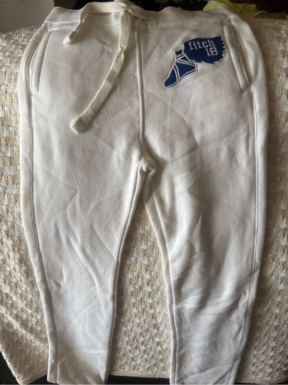 Abercrombie & Fitch white Joggers with Blue Patch